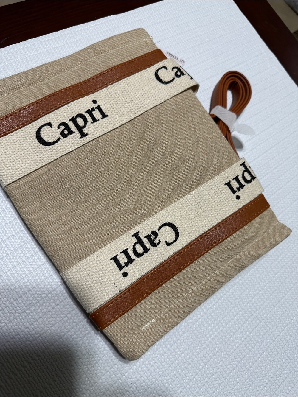 Beige Canvas Crossbody Bag with Brown Trim